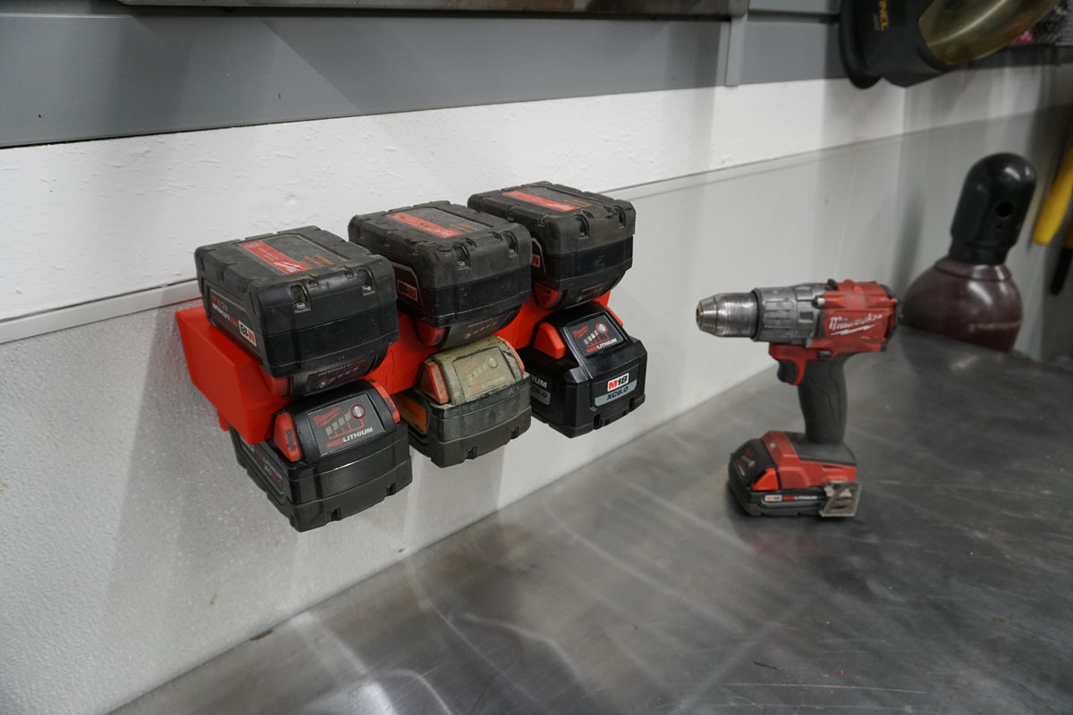 Expandable Double-Level Milwaukee M18 Battery Holder – Modular Wall Mount Storage Rack