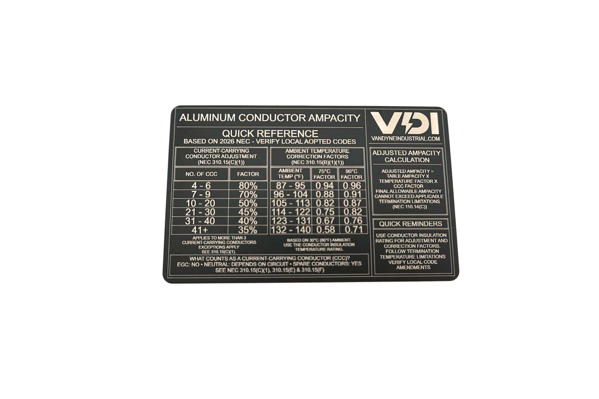 Aluminum Conductor Ampacity Reference Card – Electrician Pocket Guide (VanDyne Industrial)