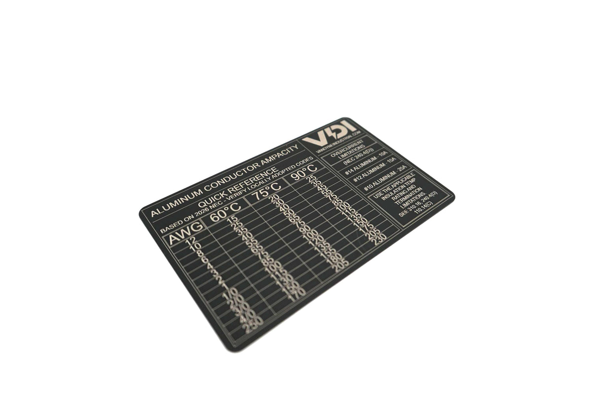 Aluminum Conductor Ampacity Reference Card – Electrician Pocket Guide (VanDyne Industrial)